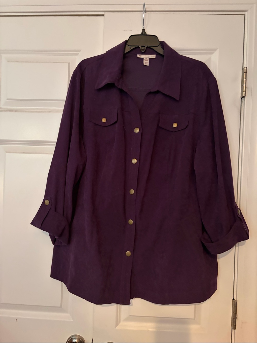 JM Collection Classic Plum Purple Button-Front Shirt Jacket with Gold Buttons